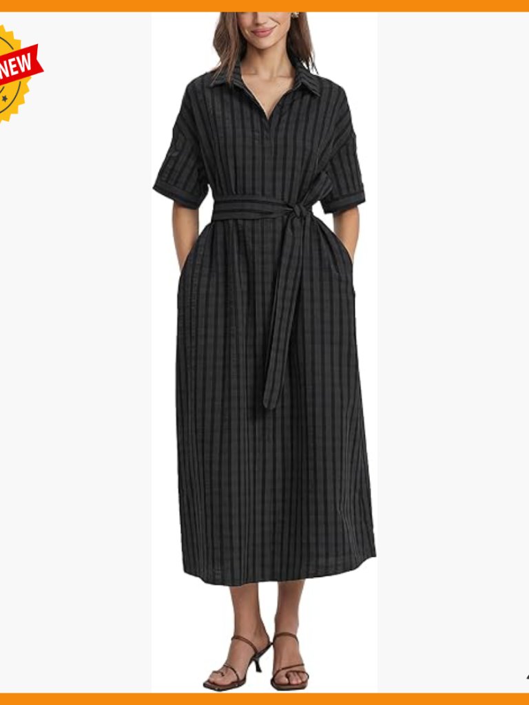 Striped Maxi Dress V-Neck Short Sleeve Button Down Belted Pockets